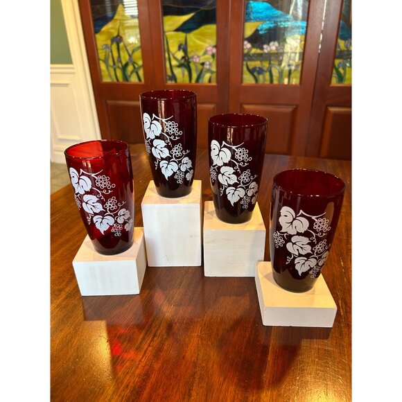 Ruby Red Anchor Hocking Grape Patterned Glass Tumblers. - Picture 6 of 12